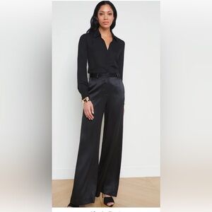 Acler Fagan Satin Full-Length Wide-Leg Pants - Black Satin Pants